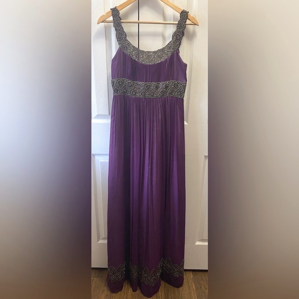 ADRIANNA PAPELL Purple 100% Silk Chiffon Beaded Detail Empire Waist Maxi Dress 6